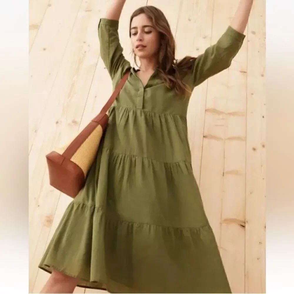 New Jenni Kayne James Tiered A-Line Dress 3/4 Sleeve Moss Green Large Linen